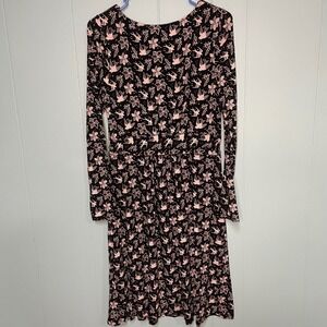 Boden Black Pink Bird Floral Long Sleeve Midi Dress size 8